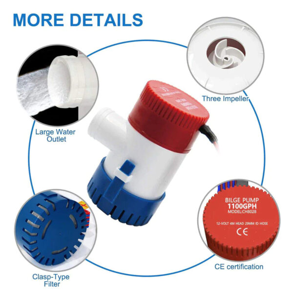 1100GPH 12V Electric Marine Submersible Bilge Sump Water Pump For Boat 3/4" Hose - Image 7